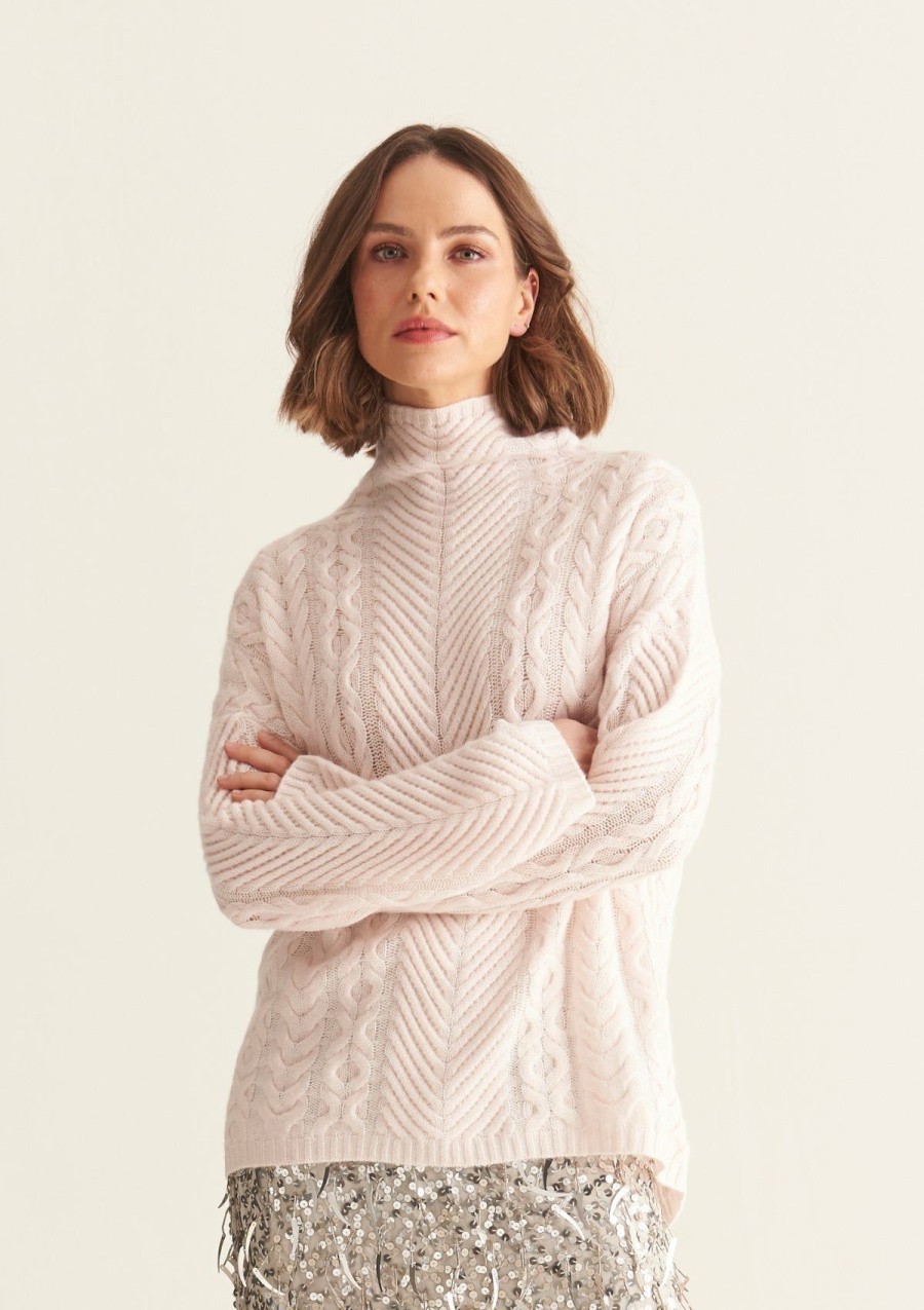 Women Loop Cashmere | High Neck Cable Sweater In Mallow Pink