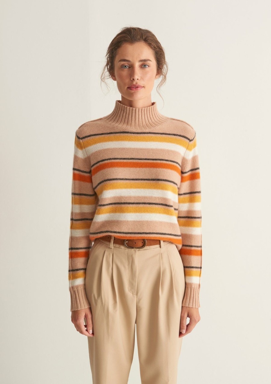 Women Loop Cashmere | Cropped Polo Neck Sweater In Neutral Stripe