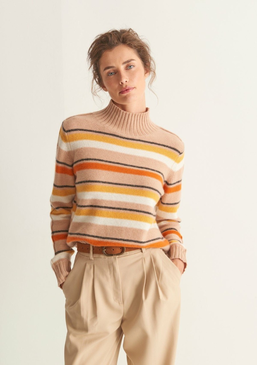 Women Loop Cashmere | Cropped Polo Neck Sweater In Neutral Stripe