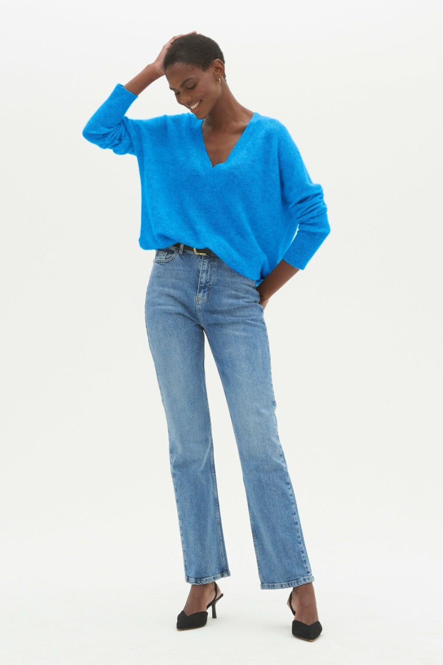 Women Loop Cashmere | Relaxed V Neck Sweater In Jetstream Blue