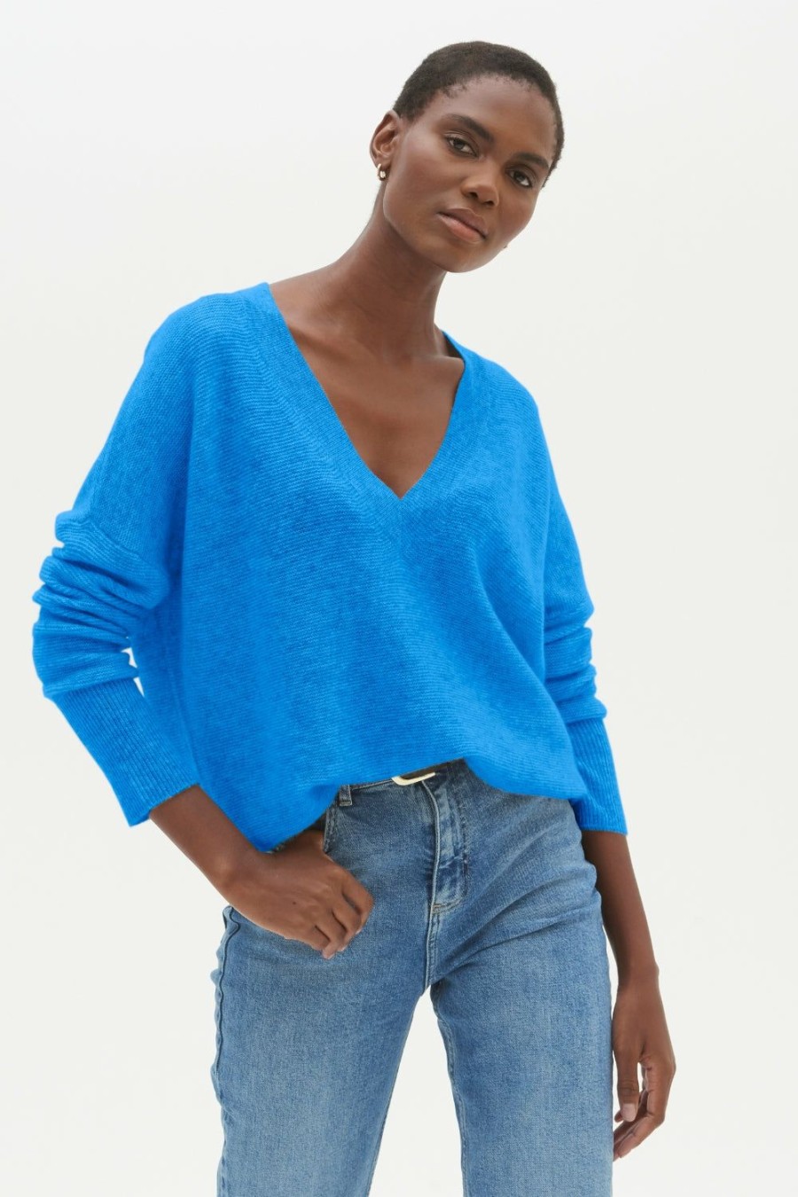 Women Loop Cashmere | Relaxed V Neck Sweater In Jetstream Blue