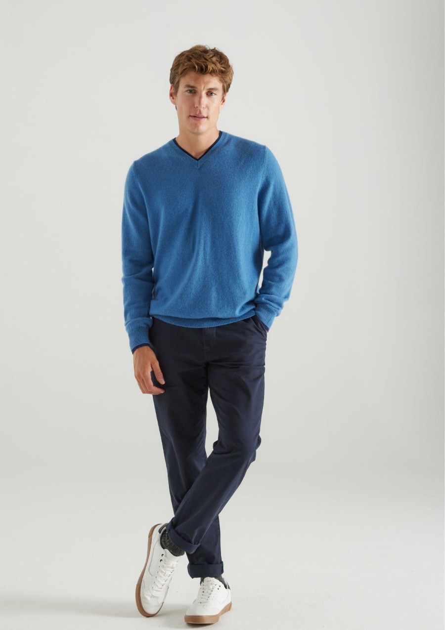 Men Loop Cashmere | Mens Cashmere V Neck Sweater In Marina Blue