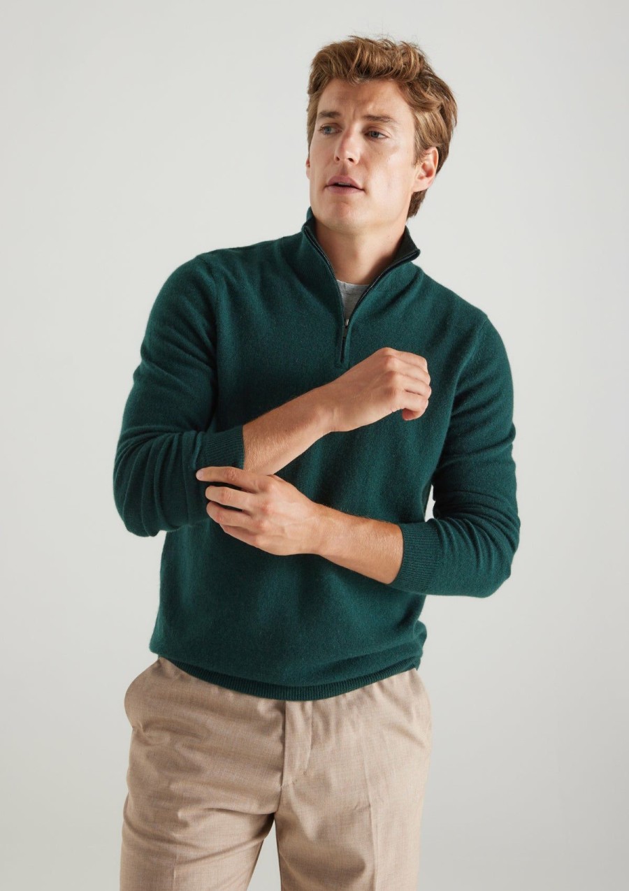 Men Loop Cashmere | Mens Cashmere Half Zip Sweater In Bottle Green