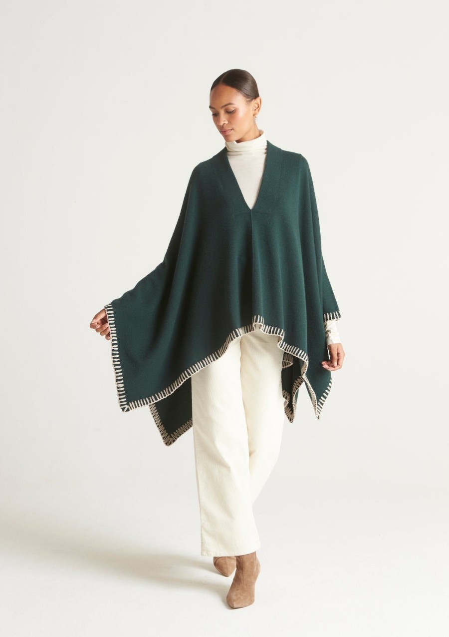 Accessories Loop Cashmere | Cashmere Stitch Detail Poncho In Bottle Green