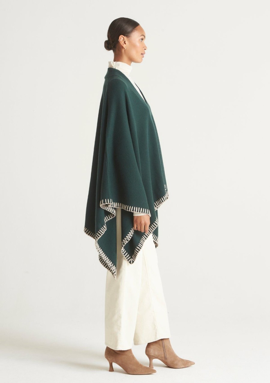 Accessories Loop Cashmere | Cashmere Stitch Detail Poncho In Bottle Green