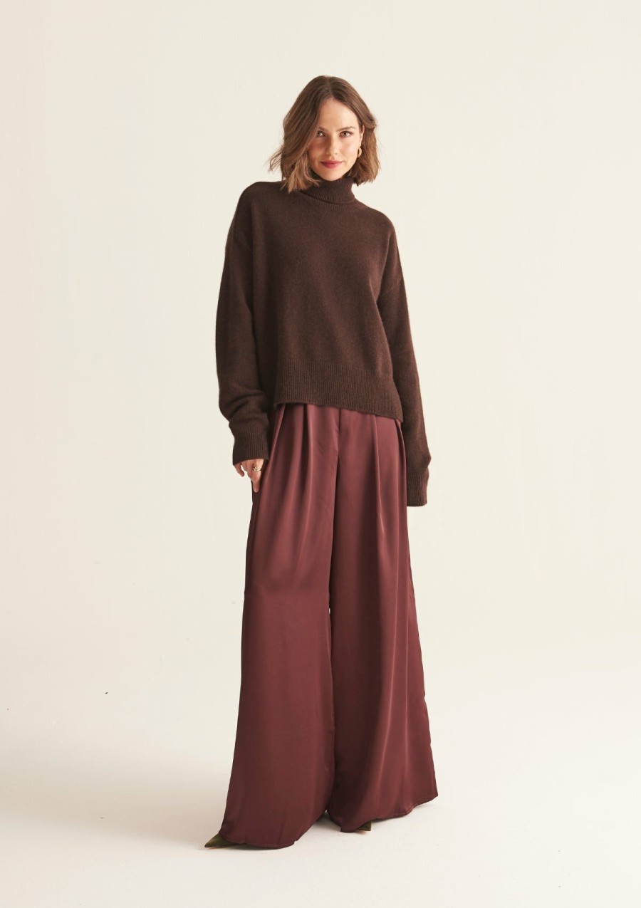 Women Loop Cashmere | Ribbed Trim Polo Sweater In Rye Brown