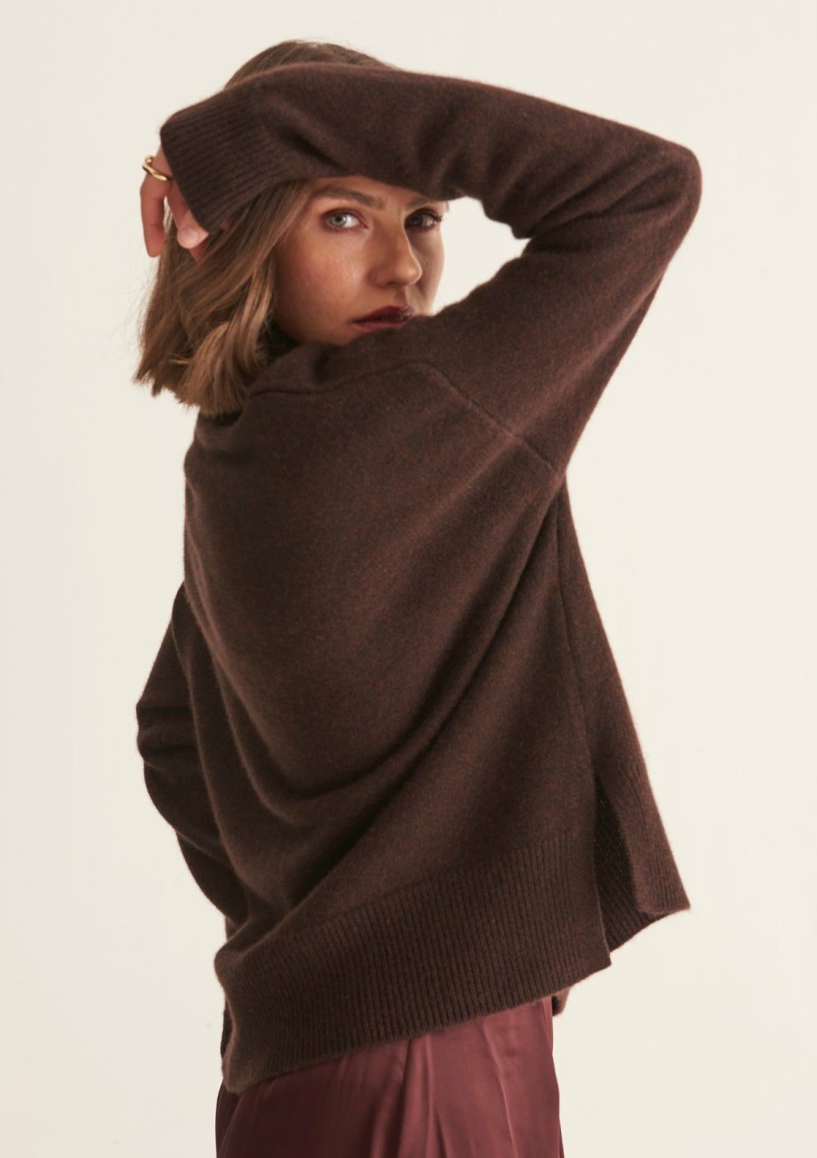 Women Loop Cashmere | Ribbed Trim Polo Sweater In Rye Brown