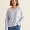 Women Loop Cashmere | Ribbed Trim Cable Cashmere V Neck Sweater In Whisper Blue