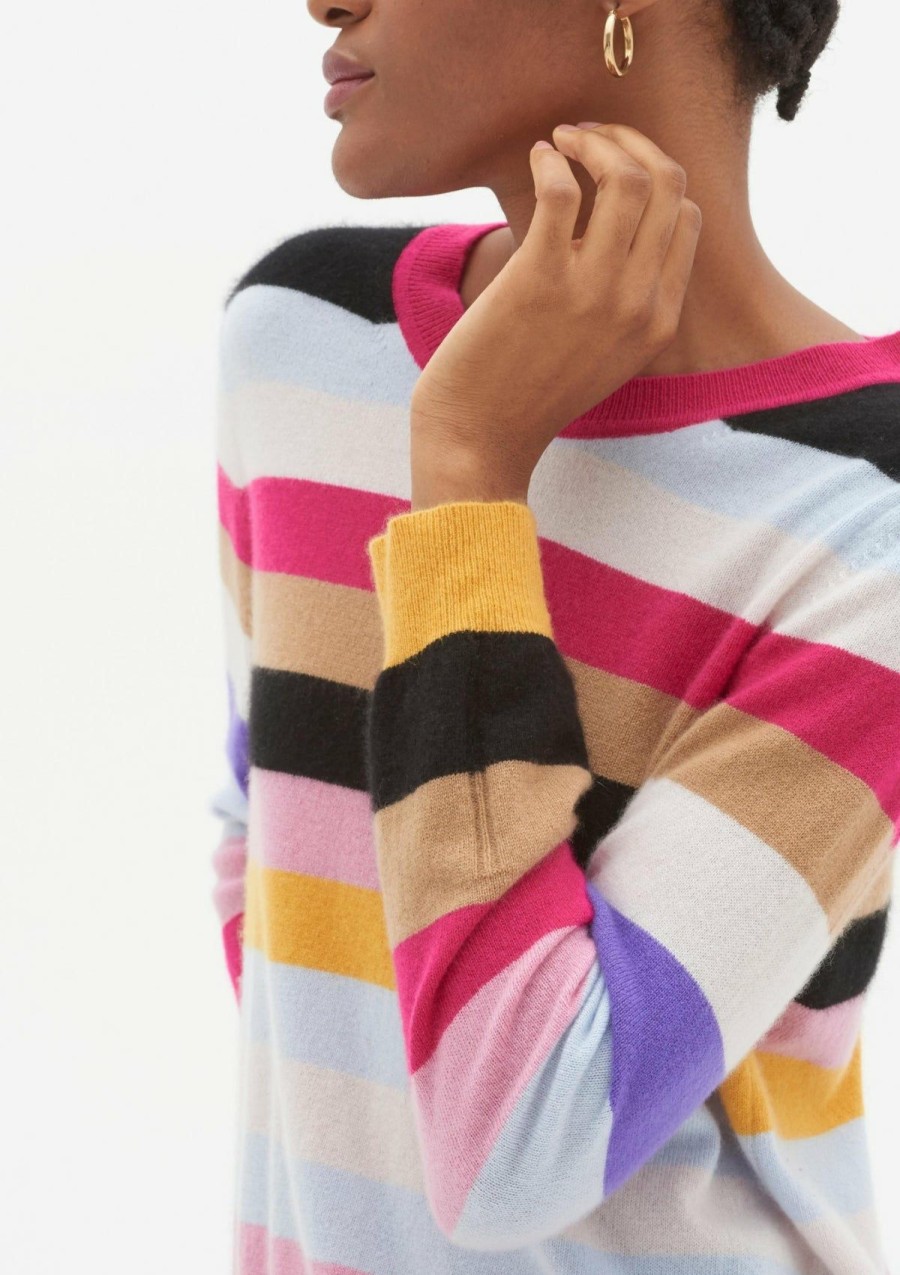 Women Loop Cashmere | Relaxed Cashmere Crew Neck Sweater In Bright Stripe