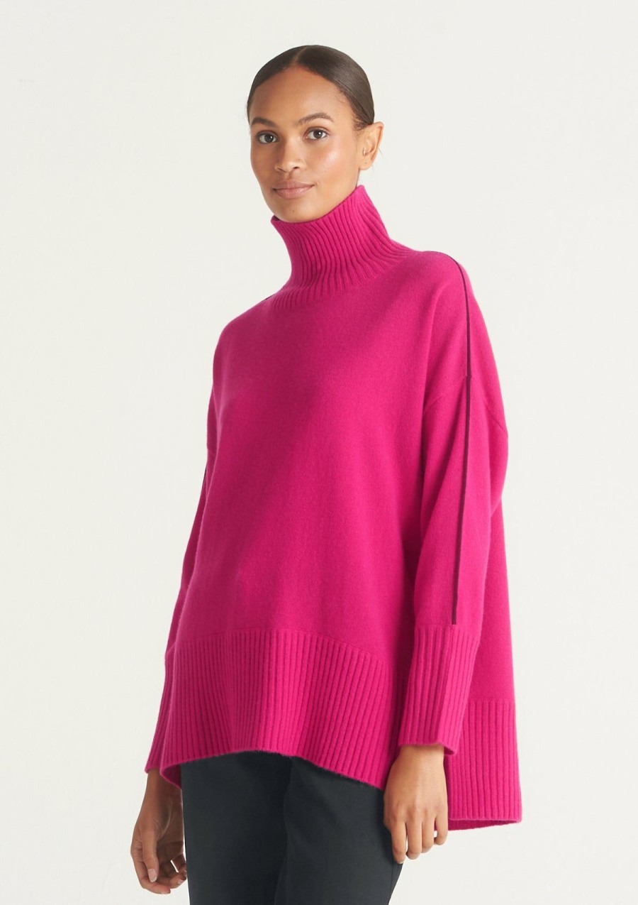 Women Loop Cashmere | Contrast Trim Polo Neck Sweater In Cherry Pink/Barolo Red