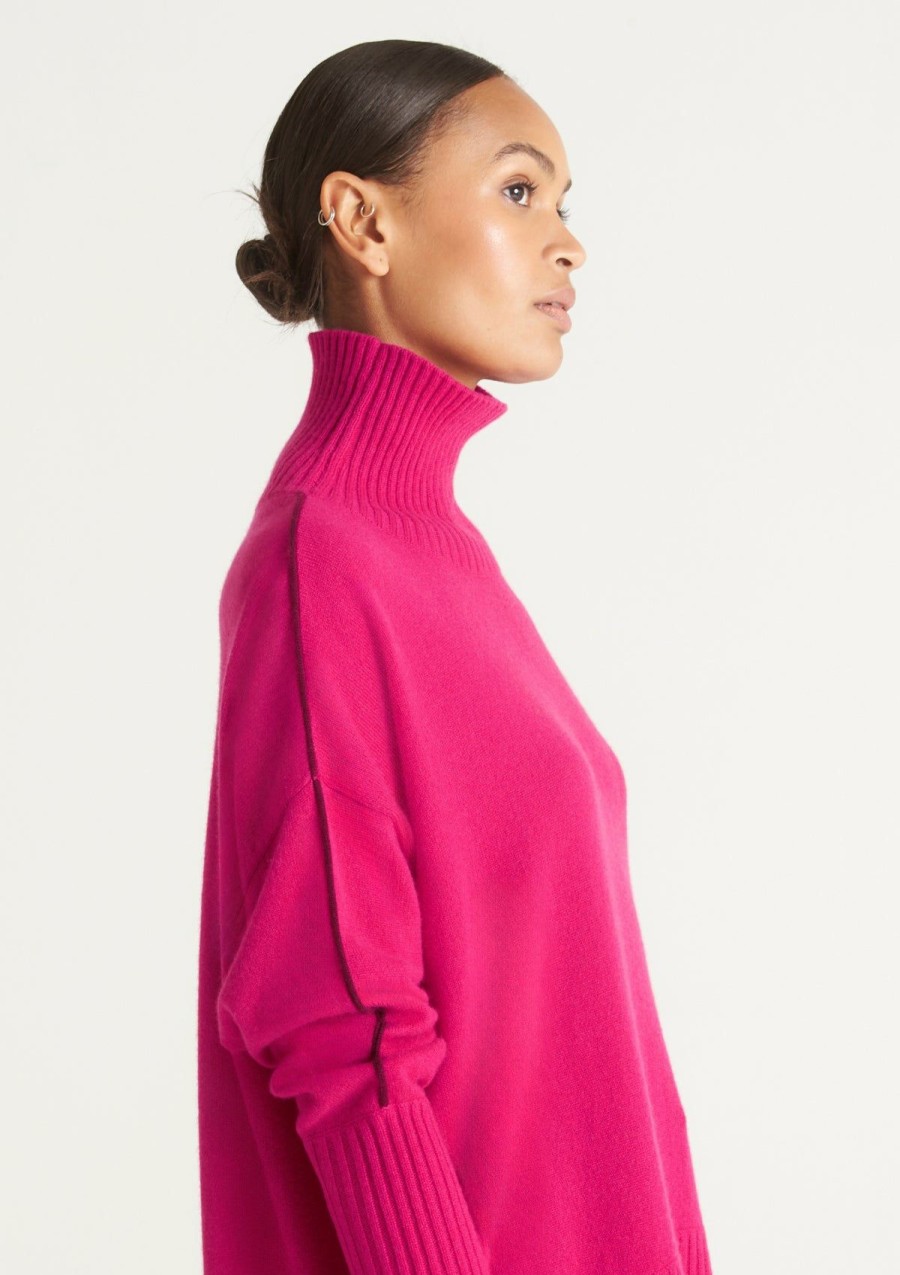 Women Loop Cashmere | Contrast Trim Polo Neck Sweater In Cherry Pink/Barolo Red