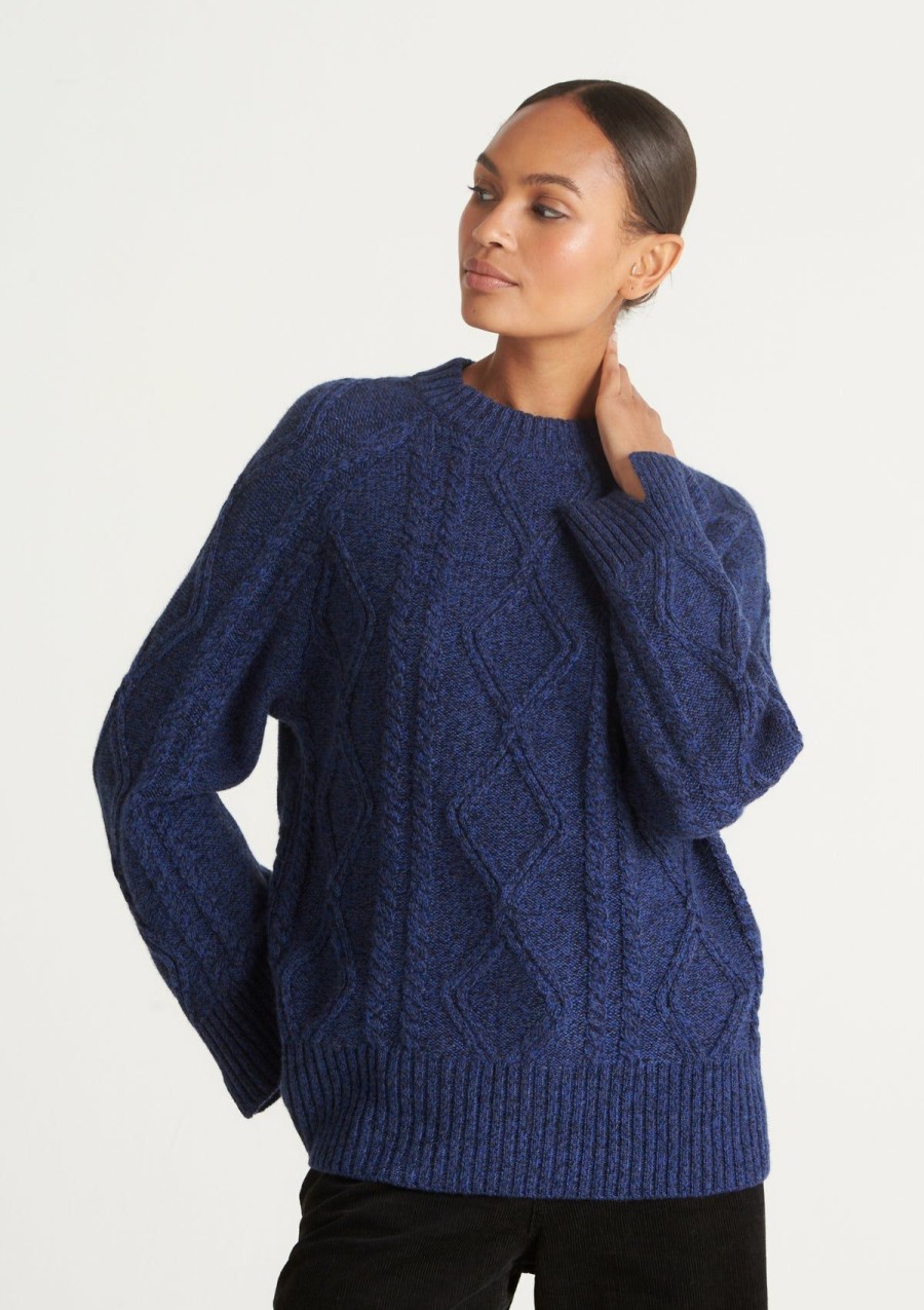 Women Loop Cashmere | Cashmere Cable Sweater In Deep Blue