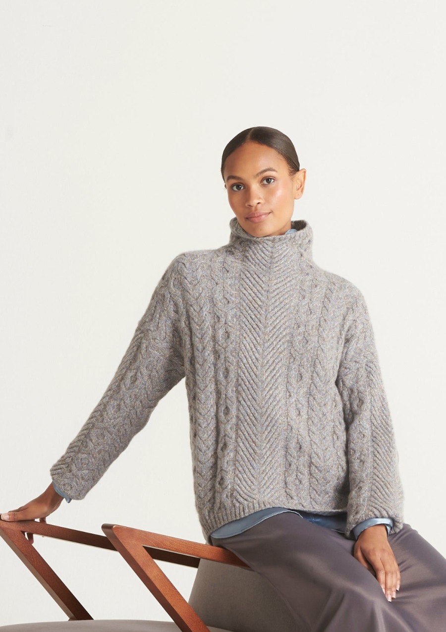 Women Loop Cashmere | High Neck Cable Sweater In Smoky Blue