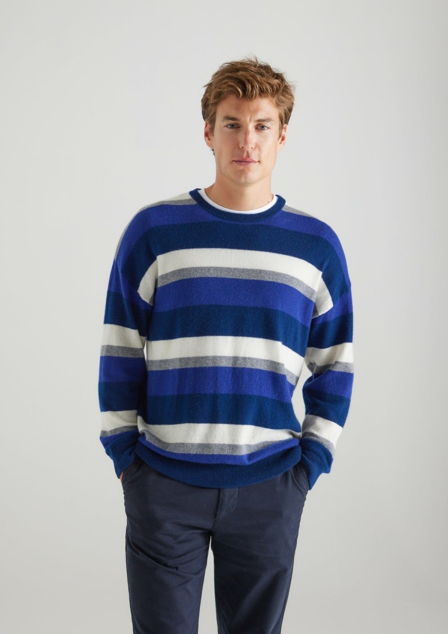 Men Loop Cashmere | Mens Cashmere Crew Neck Sweater In Midnight Blue Stripe