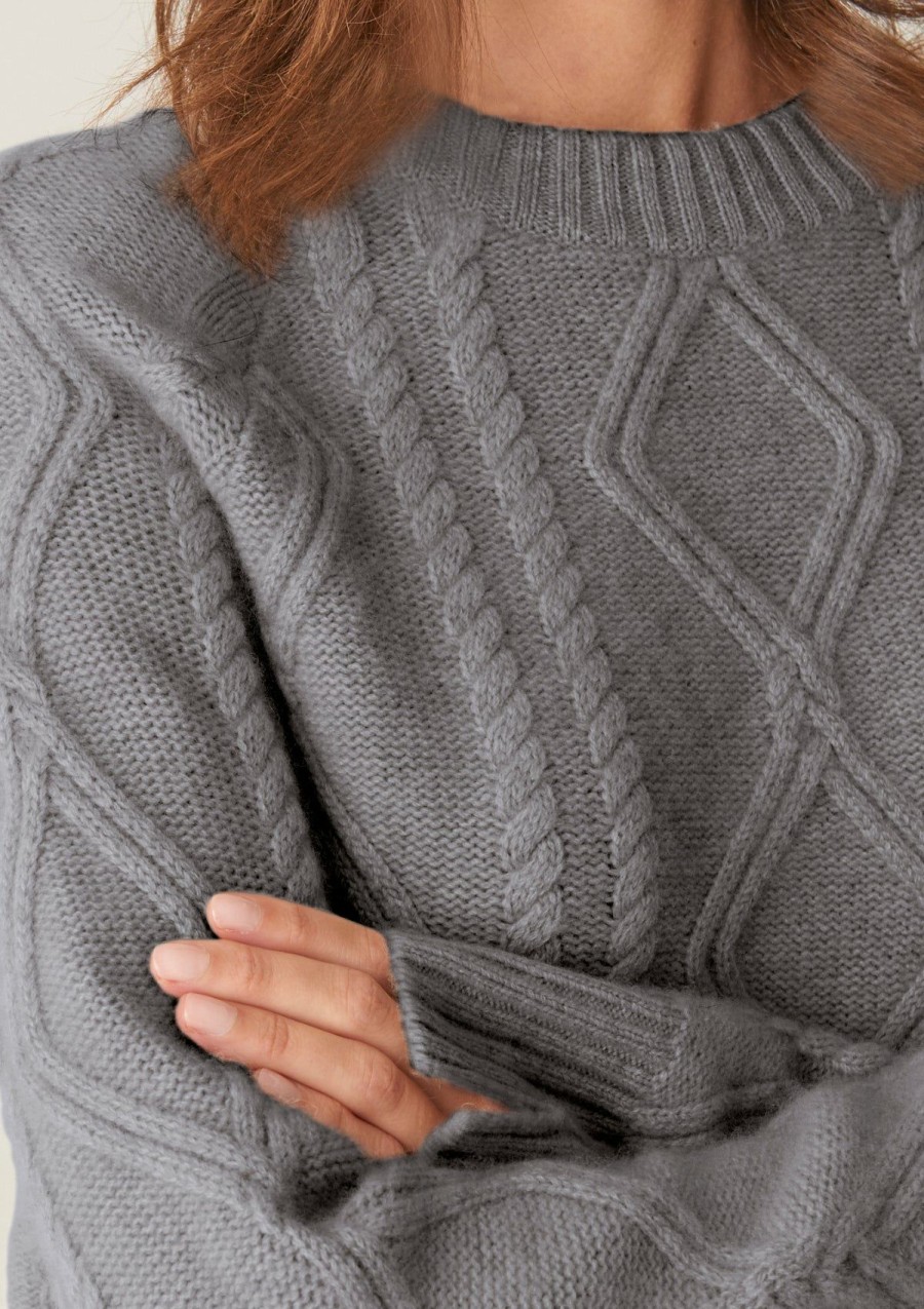 Women Loop Cashmere | Cashmere Cable Sweater In Pewter Grey