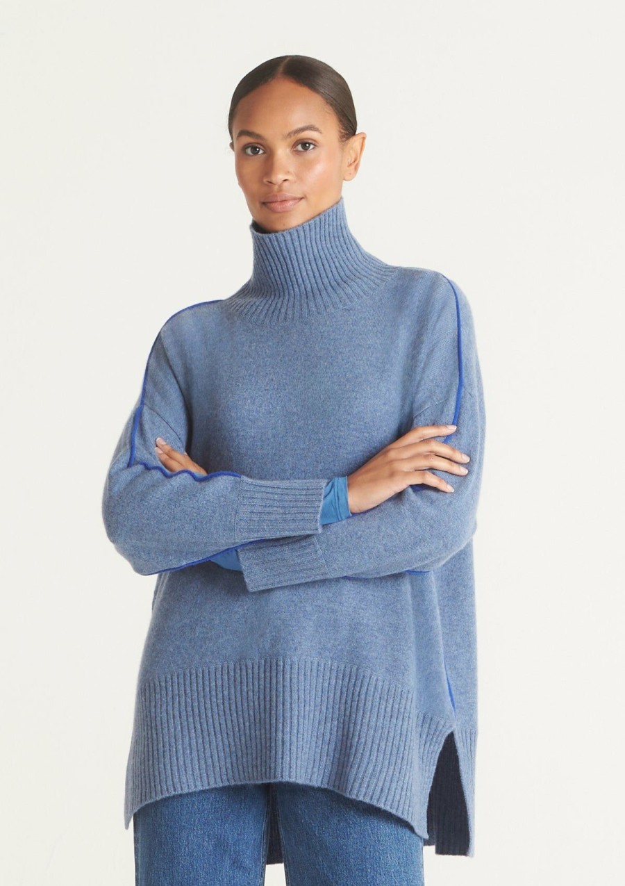 Women Loop Cashmere | Contrast Trim Polo Neck Sweater In Baltic Blue/Klein Blue