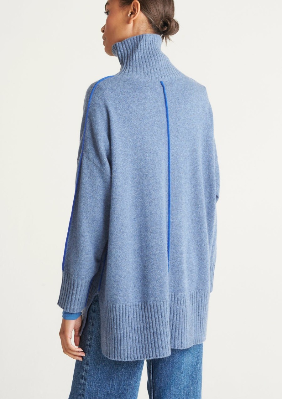 Women Loop Cashmere | Contrast Trim Polo Neck Sweater In Baltic Blue/Klein Blue