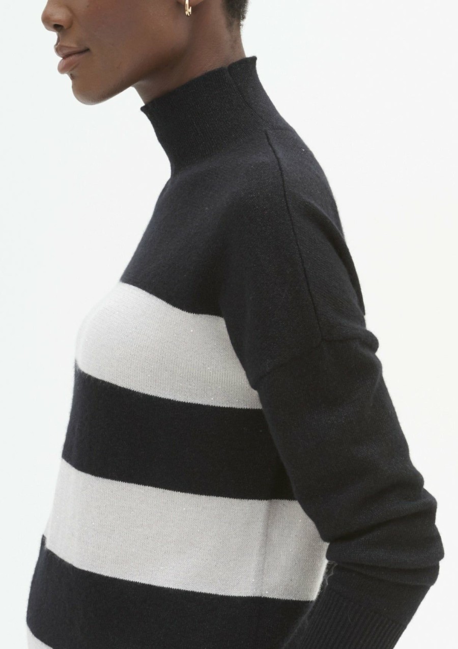 Women Loop Cashmere | Lofty Relaxed Turtleneck Sweater In Black Sparkle Stripe