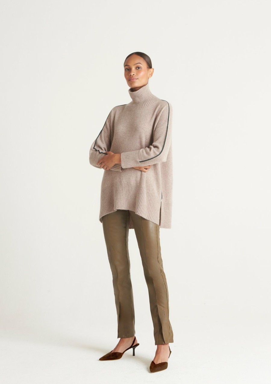 Women Loop Cashmere | Contrast Trim Polo Neck Sweater In Toast Brown/Bottle Green