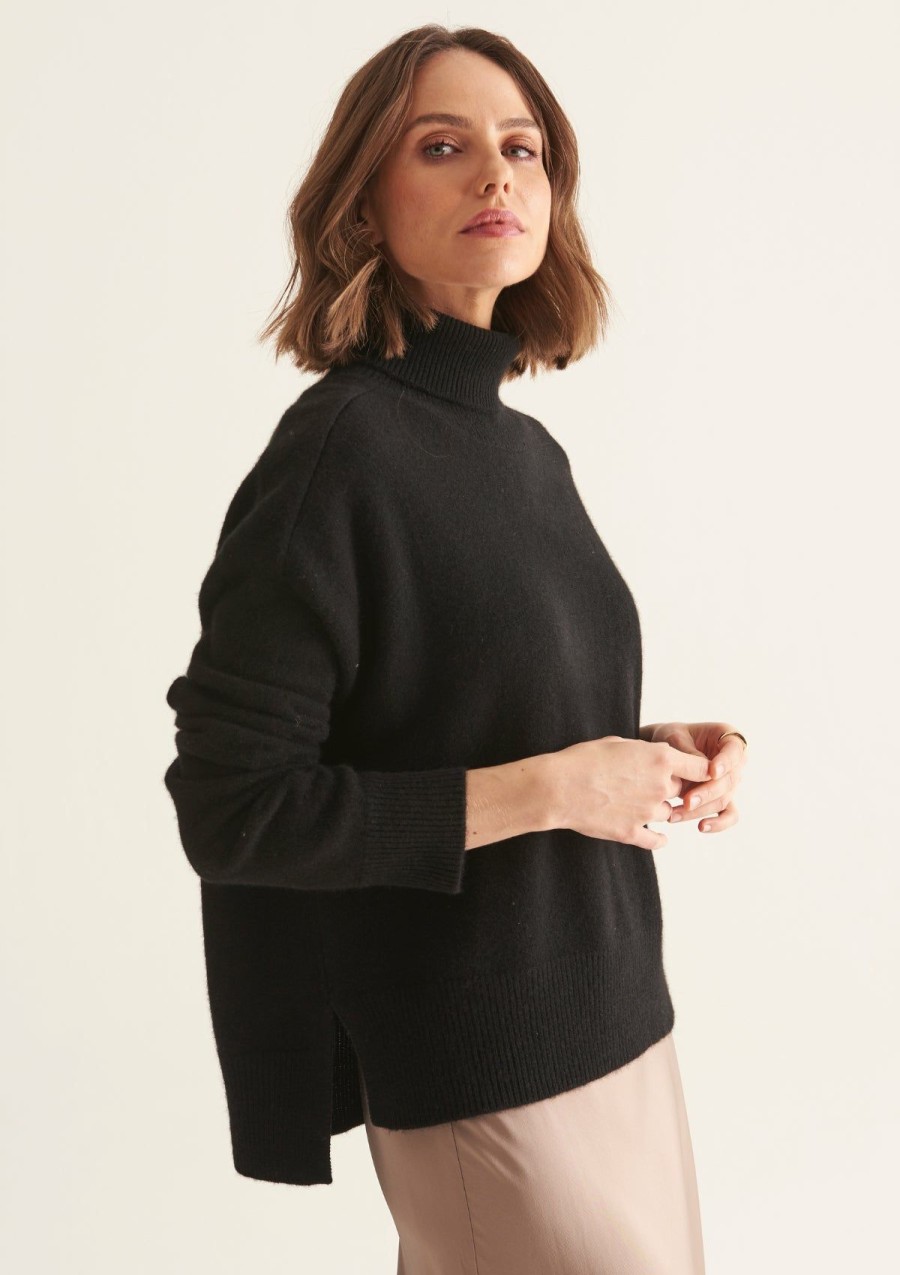 Women Loop Cashmere | Ribbed Trim Polo Sweater In Black