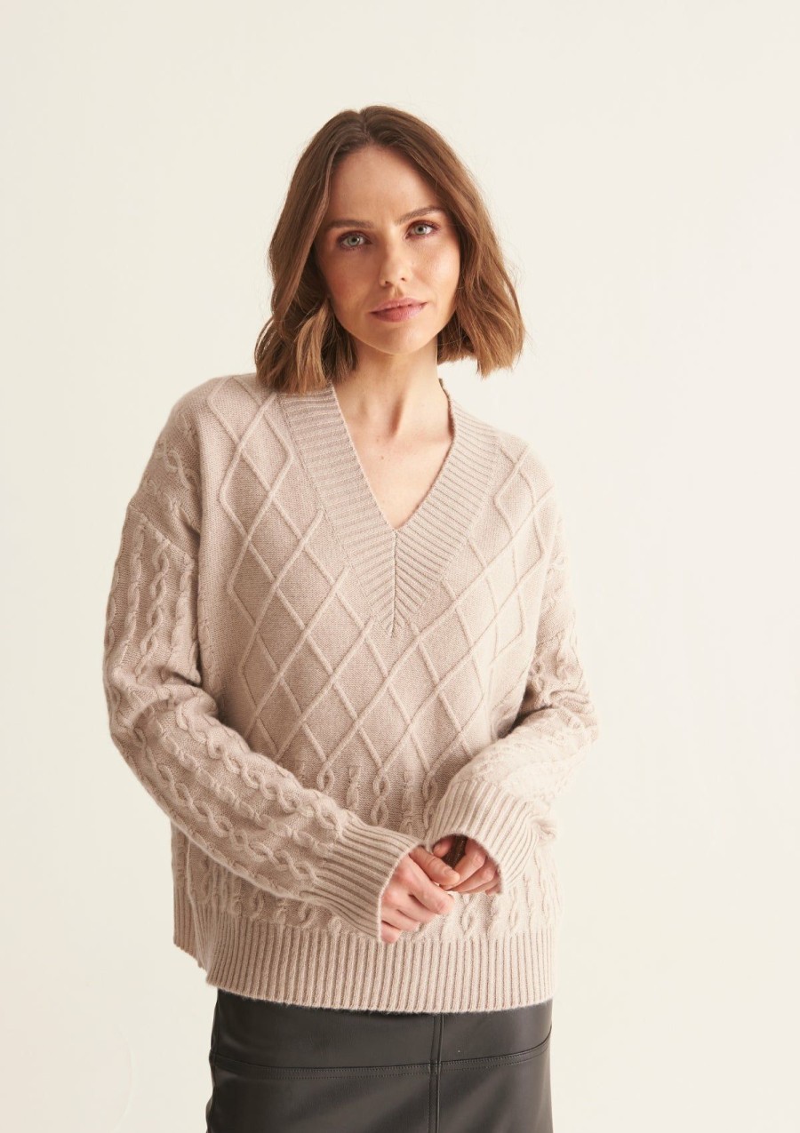 Women Loop Cashmere | Ribbed Trim Cable Cashmere V Neck Sweater In Jute