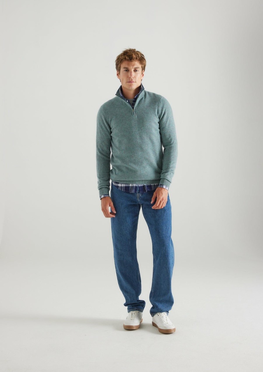 Men Loop Cashmere | Mens Cashmere Half Zip Sweater In Lagoon Green