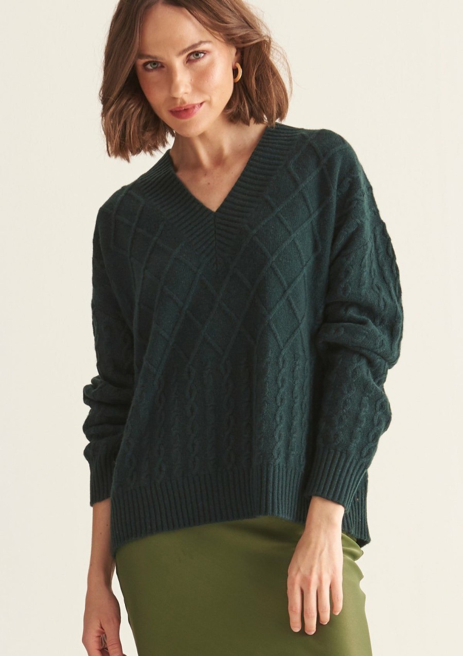 Women Loop Cashmere | Ribbed Trim Cable Cashmere V Neck Sweater In Bottle Green