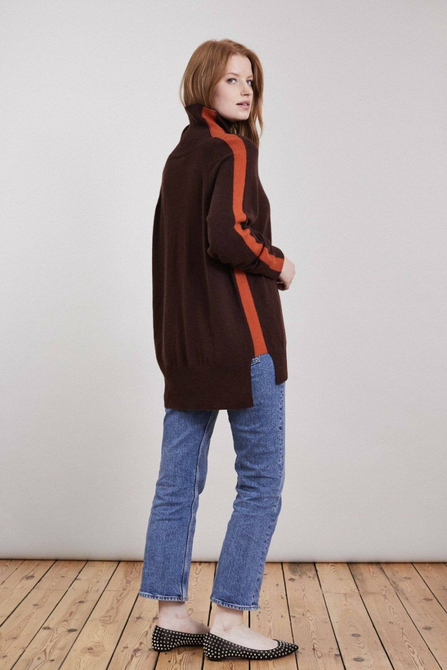 Women Loop Cashmere | Polo Neck Cashmere Sweater In Chocolate/Orange