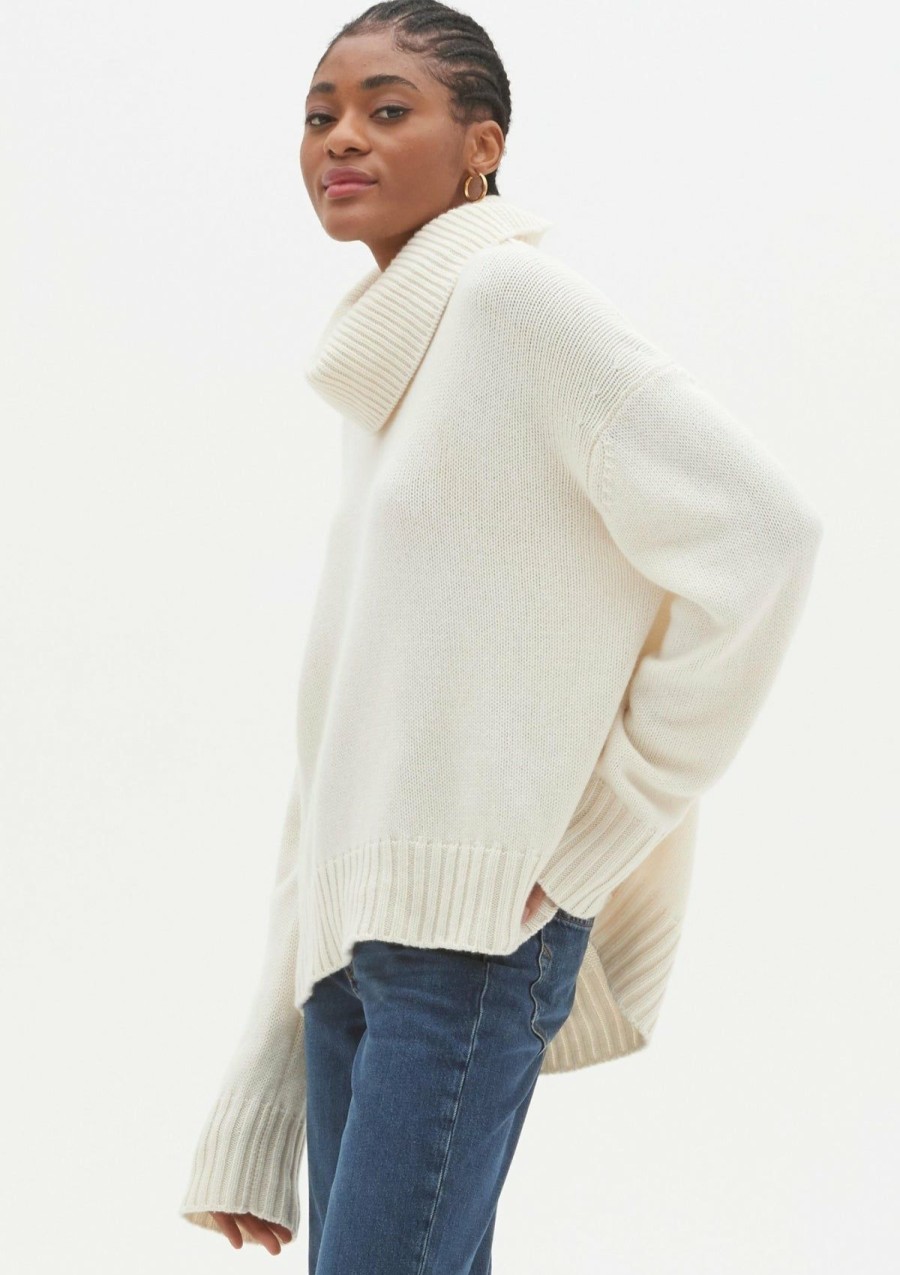 Women Loop Cashmere | Chunky Cashmere Cowl Neck Sweater In Snow