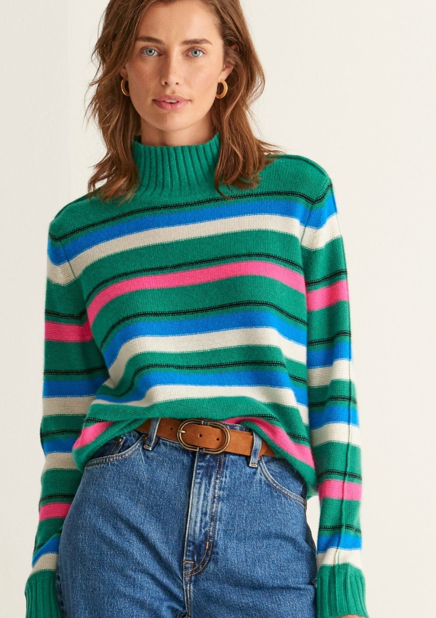 Women Loop Cashmere | Cropped Polo Neck Sweater In Green Stripe