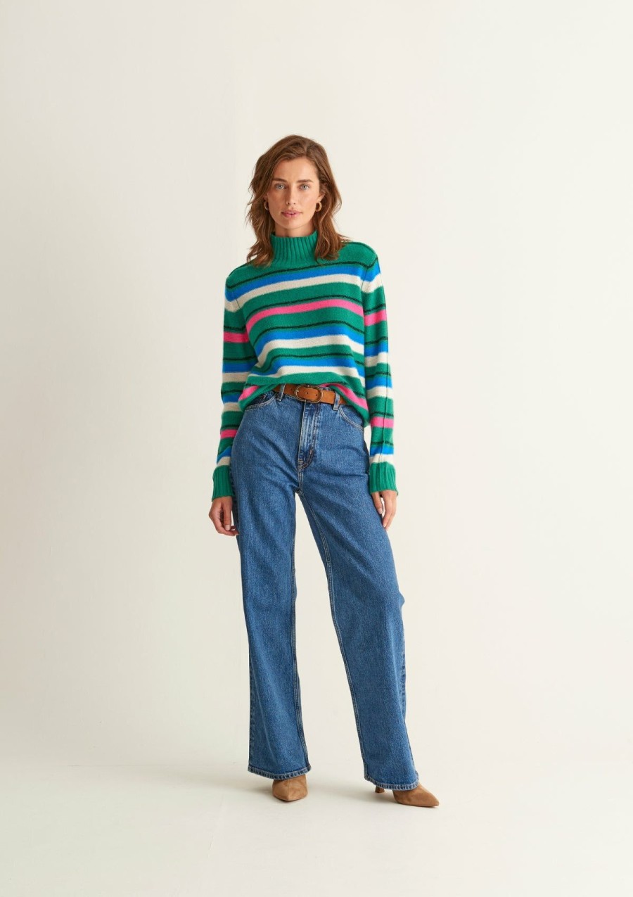 Women Loop Cashmere | Cropped Polo Neck Sweater In Green Stripe