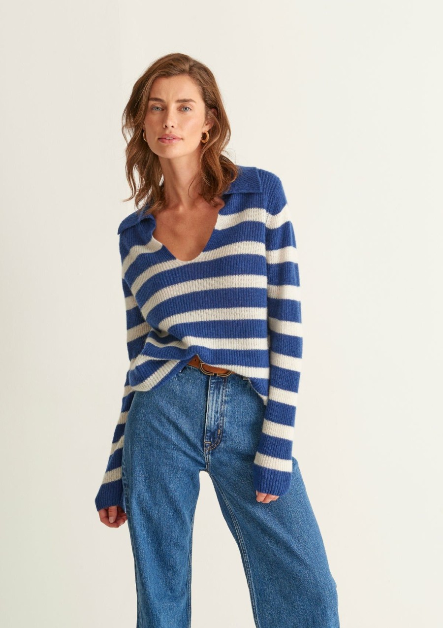 Women Loop Cashmere | Cashmere Open Collar Sweater In Midnight Blue/Feather Stripe