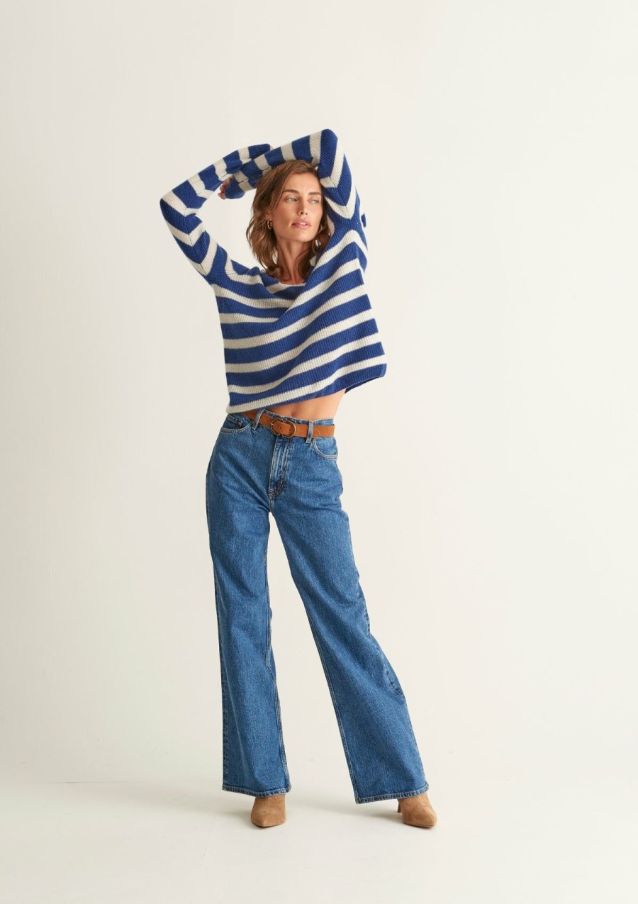 Women Loop Cashmere | Cashmere Open Collar Sweater In Midnight Blue/Feather Stripe