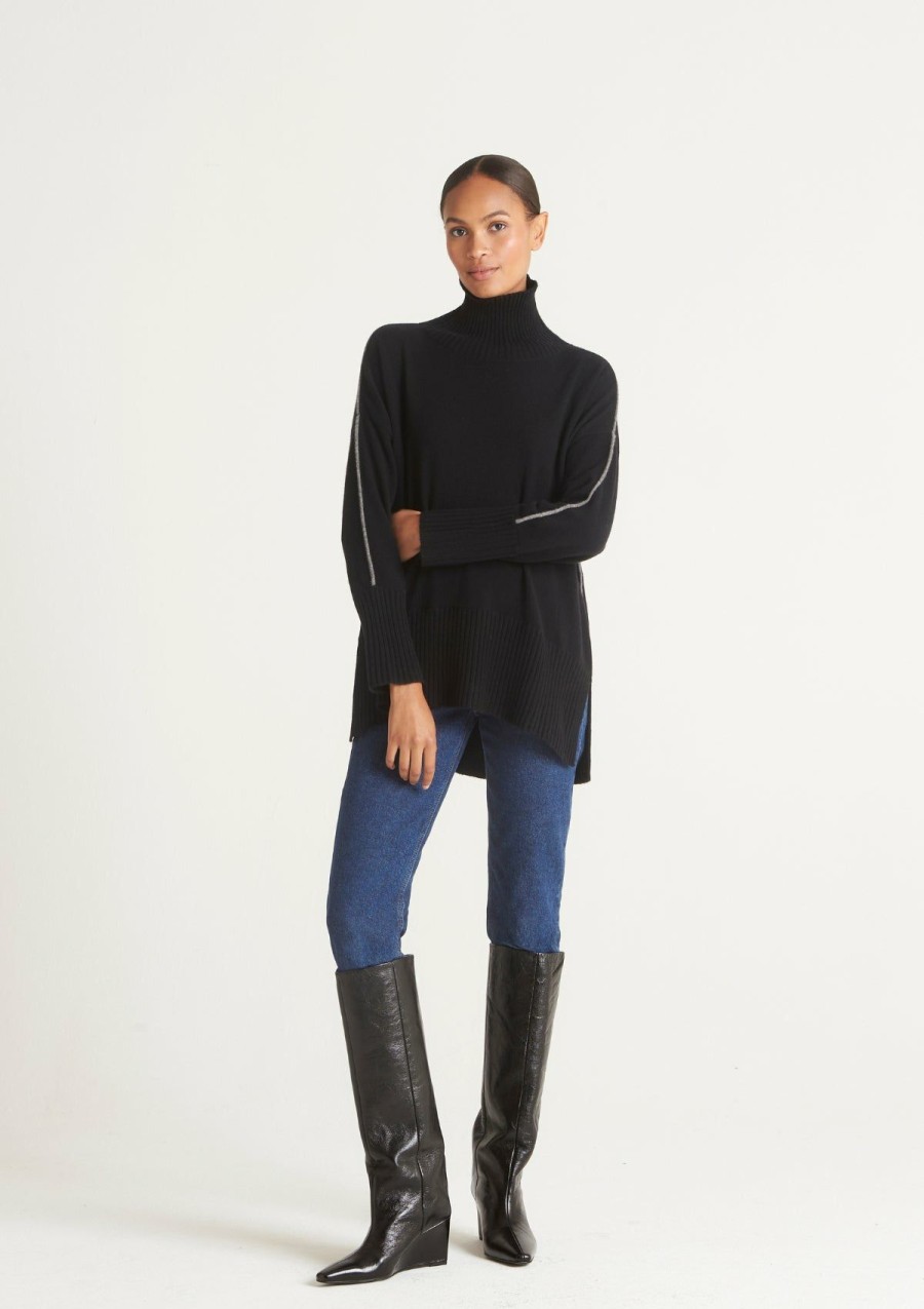 Women Loop Cashmere | Contrast Trim Polo Neck Sweater In Black/Pewter Grey