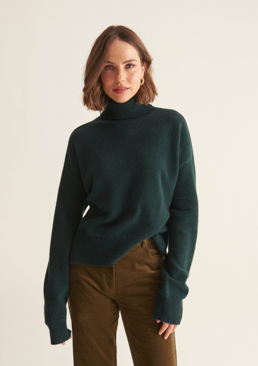 Women Loop Cashmere | Ribbed Trim Polo Sweater In Bottle Green