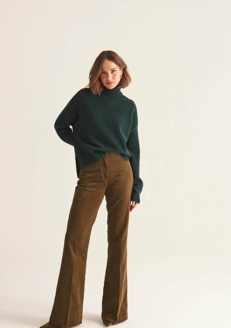 Women Loop Cashmere | Ribbed Trim Polo Sweater In Bottle Green